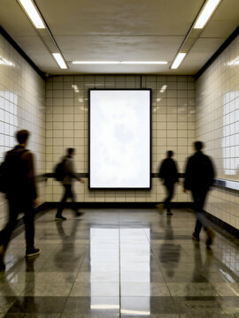 Blank Vertical Billboard in Underground Subway Hallway with Motion Blur People