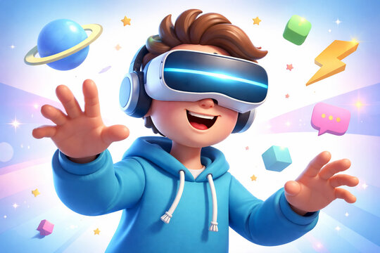 Happy Kid in VR Headset Experience for Metaverse Technology Concept