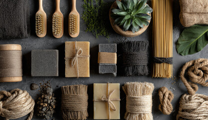 Flat lay of eco-friendly personal care items including handmade soap, natural brushes, and jute twine with potted succulent and leafy plant