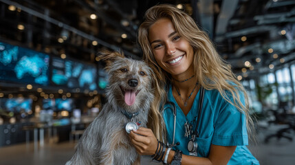 Curly-haired veterinarian in blue scrubs listens to the heartbeat of smiling Jack Russell Terrier during checkup in bright veterinary clinic, copy space