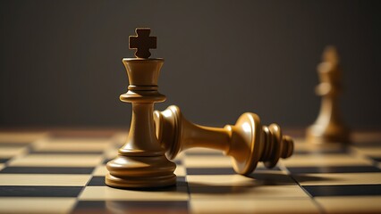 toppled. A fallen king chess piece on a board with dramatic side lighting. event key visuals, club posters, designed for fitness apps and gym onboarding, drives event promotion.