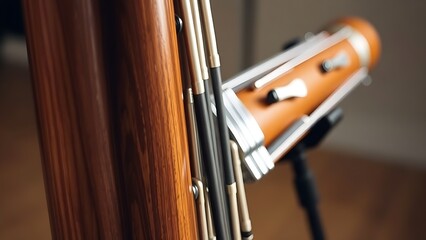 bassoon. Wooden bassoon on a stand with silver keys, detailed wood grain under soft studio lighting. lifestyle magazines, social media lookbooks, designed for influencer and brand collaborations.