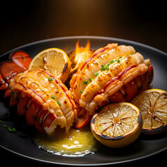 Lobster tails on a plate with lemon and butter sauce
