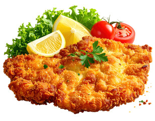 Crispy golden fried chicken cutlet with fresh lemon, tomato, and lettuce garnishes