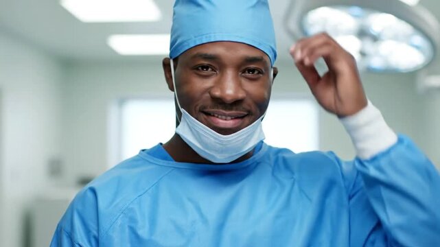 Confident Black male doctor smiling in surgical scrubs at hospital