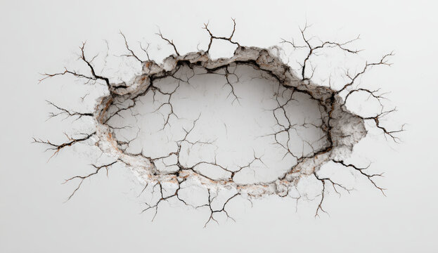 Cracked white wall with jagged hole featuring dark, sharp thorns and deep fractures, revealing textured underlying surface