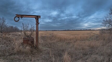 Abandoned rusty metal structure stands silently in a dry grassy field under an overcast sky