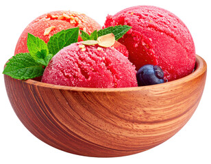 Three scoops of red berry sorbet in a wooden bowl, garnished with mint and blueberry