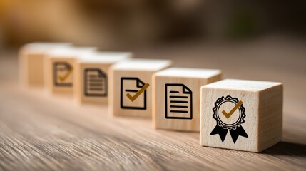 Streamlined quality assurance process using wooden blocks office setting visual content professional environment close-up view