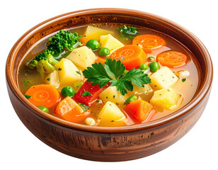 Delicious vegetable soup in a rustic bowl with fresh parsley garnish