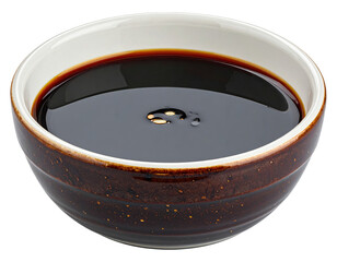 Close-up of dark brown glaze bowl filled with thick soy sauce