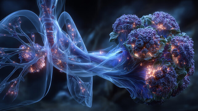 Aspergilloma of the lung and close-up view of Aspergillus fungi, 3D illustration. Also known as mycetoma, or fungus ball, a lesion produced by fungi Aspergillus in immunocompromised patients