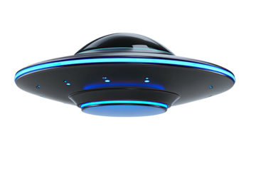 Sleek flying saucer with blue lights hovering in the dark