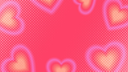 Background with gradient glowing hearts and halftone vignette. Cute Valentine's Day illustration, cute gradient hearts with blur effect
