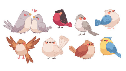 Kawaii spring birds set. Cute hand drawn birds clipart