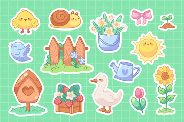 Kawaii spring sticker set. Printable sheet with stickers. Vector kit of cute garden elements, animals, flowers, cozy village details