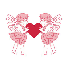 Pair of cherubs with hearts. Vector outline illustration for Valentine's Day, cute angel children