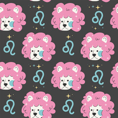 Seamless star pattern with Leo zodiac sign. Lion head and stars on black background. Repeat printable tile