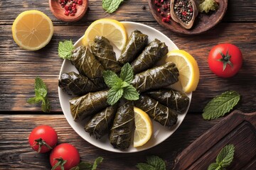A visually appealing overhead shot features a rustic plate filled with meticulously rolled, savory appetizers. These delicious parcels are crafted from tender, dark green leaves, generously stuffed an