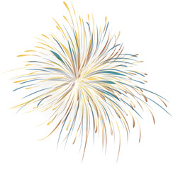 A vibrant, abstract illustration of a fireworks burst with radiating lines in gold, yellow, brown, and teal colors.