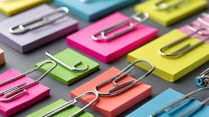 Colorful plastic paper clips forming a fun school alphabet concept on a red background for office business learning and education