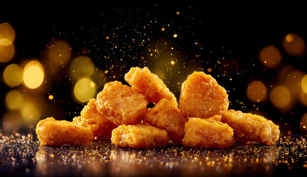 Crispy golden chicken nuggets with textured crunchy coating falling onto dark surface with golden bokeh background