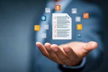 A professional's hand extends forward, presenting a holographic digital interface featuring a prominent white document icon with a checklist of completed tasks. This central element is surrounded by a