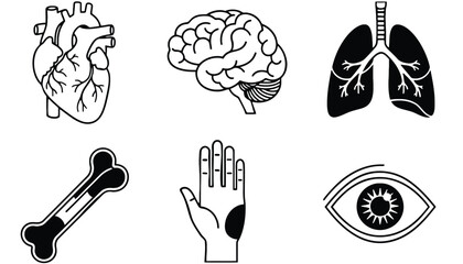 A medical illustration of human body parts including organs and skeleton silhouette