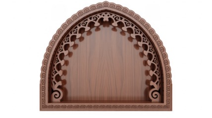Wooden arched frame with intricate carvings isolated on a transparent background