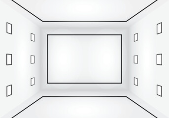 Print Large empty room with with square lights on the ceiling and lots of open blank empty space. White empty room with square lights.