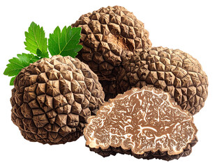 Exquisite black truffles with vibrant green leaves, one sliced to reveal marbled interior on white