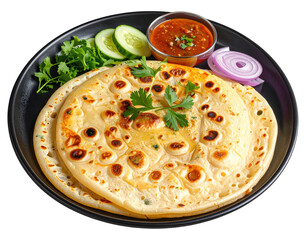 Delicious aloo paratha with spicy gravy, cucumber, onion, and cilantro garnish