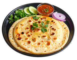 Delicious aloo paratha with spicy gravy, cucumber, onion, and cilantro garnish