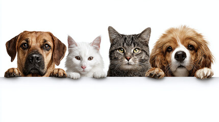 A collection of four adorable pets looking at camera. There are two dogs and two cats in the frame, each with its unique appearance