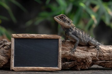A captivating reptile, possibly a forest dragon or a similar lizard species, perches elegantly on a piece of weathered driftwood, showcasing its intricate scales and watchful eyes. Adjacent to the maj