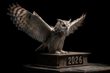 A magnificent owl is dramatically captured mid-flight or with wings powerfully spread, poised on a dark, rustic wooden pedestal against a striking black background. Its piercing orange eyes convey int