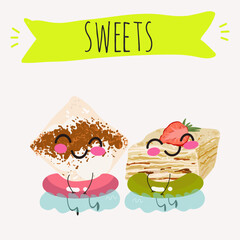 Funny Characters Turkish Tavuk Gogsu, Gullach, dessert, Eastern sweets. Hand drawn vector illustration.
