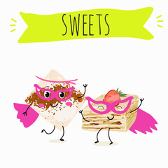 Funny Characters Turkish Tavuk Gogsu, Gullach, dessert, Eastern sweets. Hand drawn vector illustration.