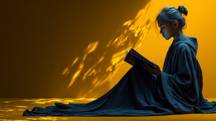 A studious young girl sits cross-legged reading a book, with her shadow on a yellow background illustrating a graduate in cap and gown, symbolizing future academic success