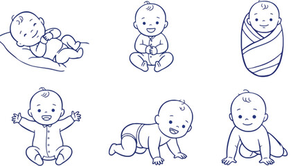 A set of adorable baby illustrations in various playful poses silhouette