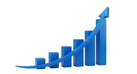 A blue 3d bar chart with an upward trend isolated on transparent background