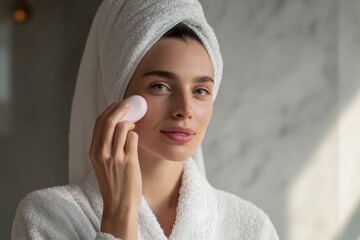 A serene young woman, enveloped in a soft white towel around her hair and a cozy robe, thoughtfully applies a smooth, oval-shaped beauty tool to her cheek. Her fresh, radiant skin, subtly enhanced by 