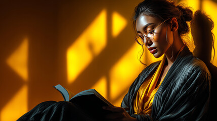 A studious young girl sits cross-legged reading a book, with her shadow on a yellow background illustrating a graduate in cap and gown, symbolizing future academic success