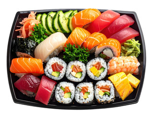 Assorted sushi platter with salmon, tuna, cucumber, and egg on a black tray