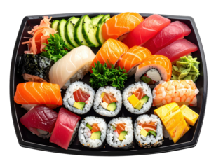 Assorted sushi platter with salmon, tuna, cucumber, and egg on a black tray