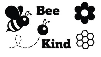 A bee flying towards a flower with the words Bee Kind written nearby in a kind gesture silhouette