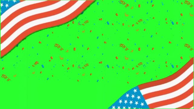 Patriotic USA Flag Border with Falling Confetti Celebration on Green Screen. Keywords: usa, flag, america, american, patriotic, celebration, confetti, party, independence day, 4th of july, fourth of j