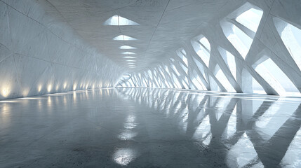 An architectural marvel showcasing a modern, light-filled interior space with a unique design and sleek surfaces. The interior space has distinctive design elements and a reflective floor.