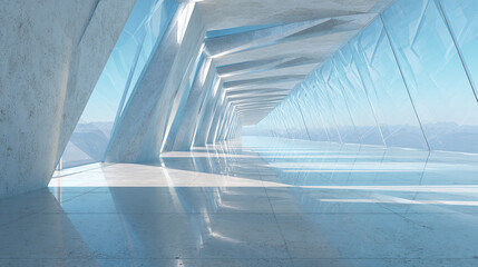 An futuristic corridor with glass walls and a bright light. The structure has a modern design with clean lines and a minimalist aesthetic