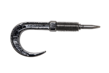 Shiny metal hook with ribbed body, against black backdrop